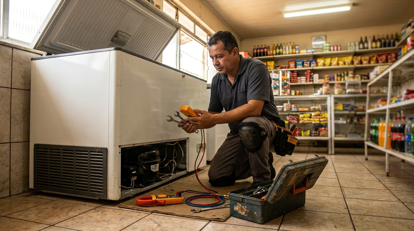 Profissional executando manutenção no motor de freezer no Centro, Santa Maria‑RS