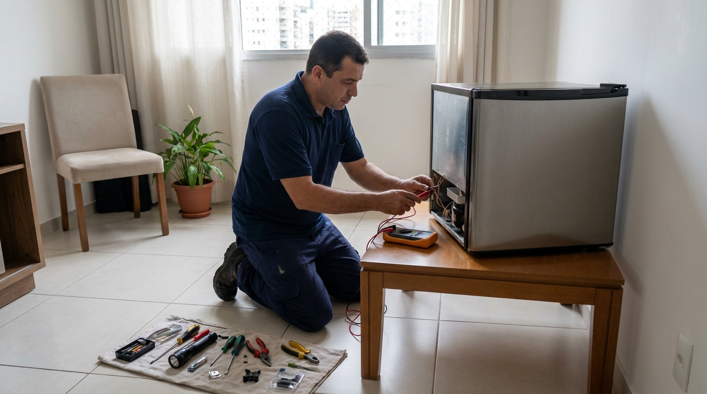 Técnico fazendo manutenção do motor de frigobar em Itararé, Santa Maria‑RS