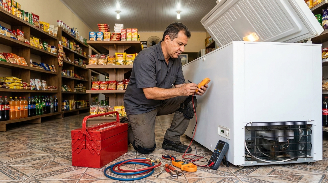 Recarga de gás refrigerante no freezer durante atendimento no Centro, Santa Maria‑RS