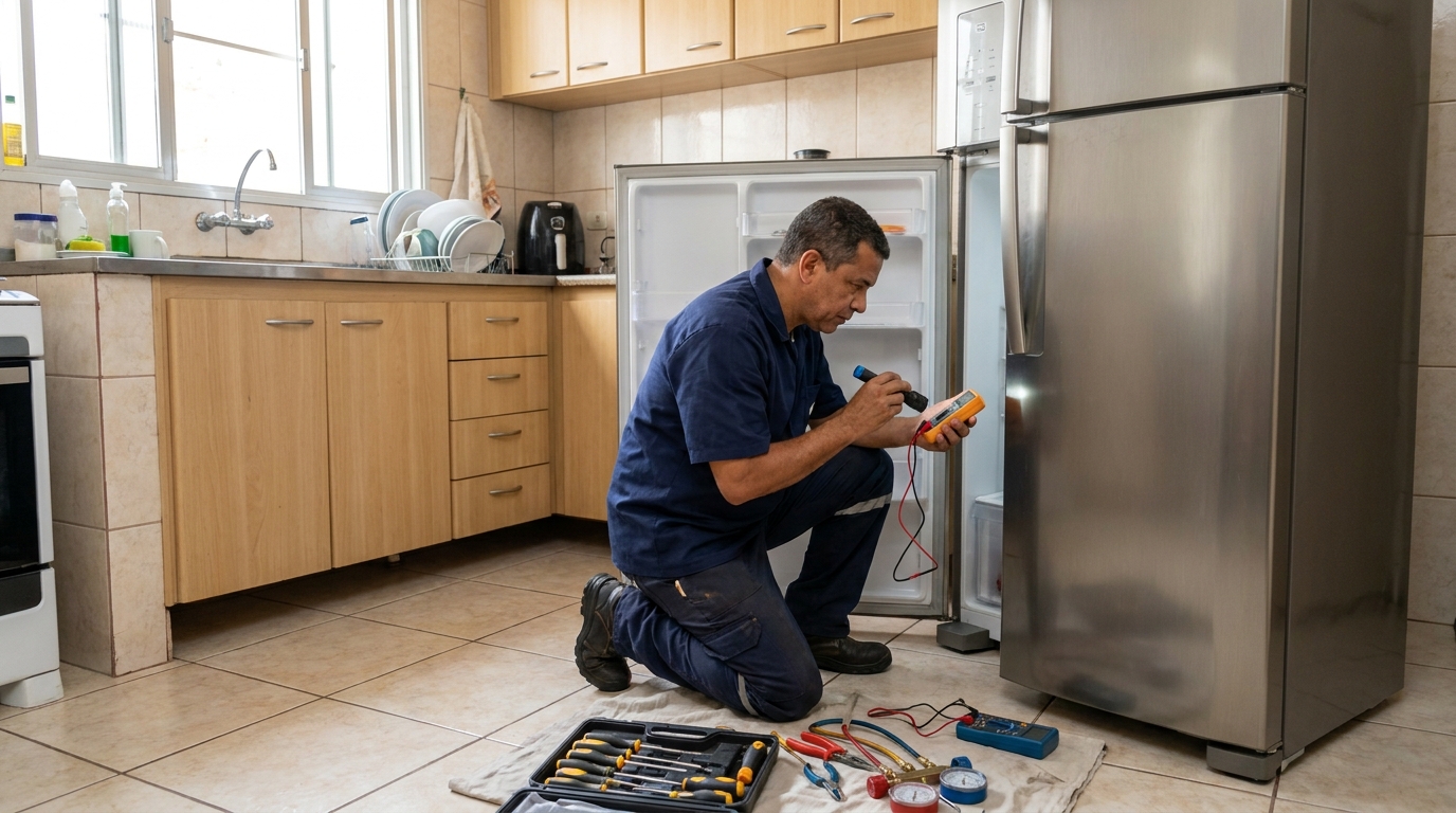 Técnico aplicando recarga de gás refrigerante em geladeira em Camobi, Santa Maria‑RS