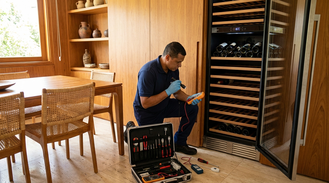 Substituição de termostato em adega climatizada em visita técnica em Santa Maria‑RS