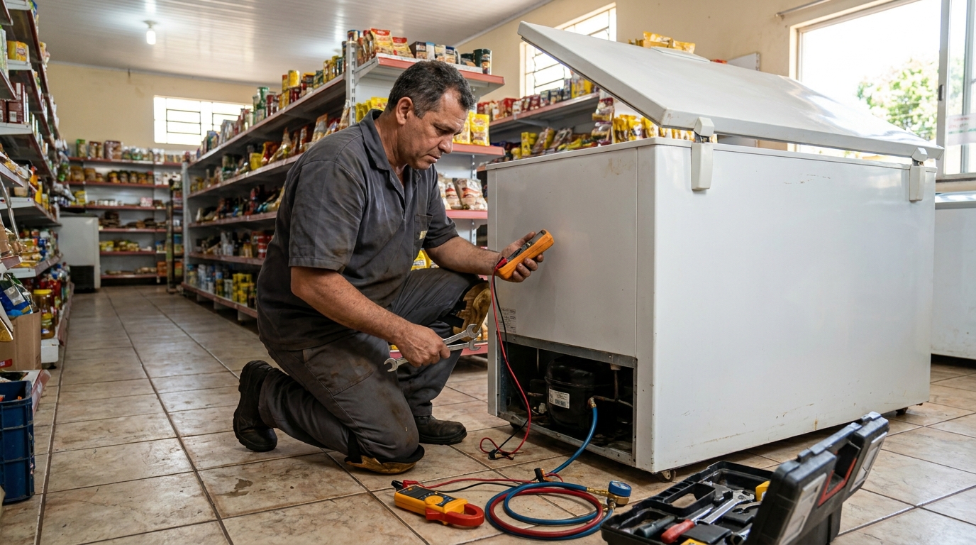 Substituição de termostato de freezer em visita técnica no Centro, Santa Maria‑RS
